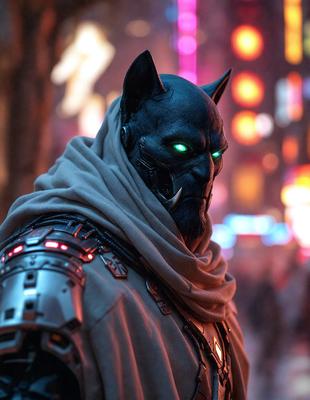 The primary subject of the image is a man dressed in a costume, wearing a cape and a mask. He appears to be a character from a comic book or a superhero. The setting is a city street at night, with a backdrop of colorful lights and buildings. The visual style is a combination of photo and digital art, creating a unique and eye-catching image. The colors and mood are vibrant and energetic, reflecting the excitement and action typically associated with superheroes